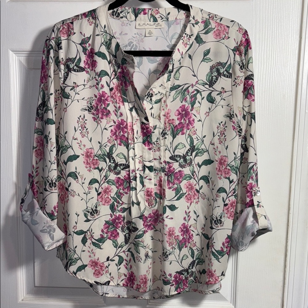 Emaline Cream Butterfly Floral Blouse Roll Tab Sleeves Mandarin Collar Petite L
